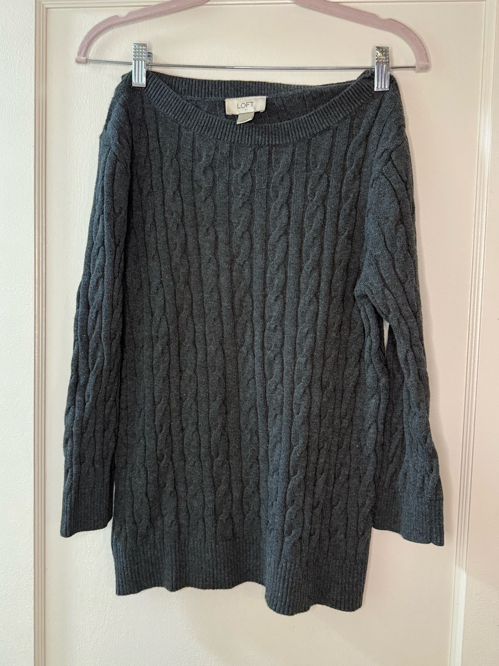 LOFT Charcoal Cable Knit Crewneck Sweater